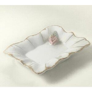 Vintage Porcelain Trinket Dish With Pink Rose & Gold Trim Rings Earrings Catchal
